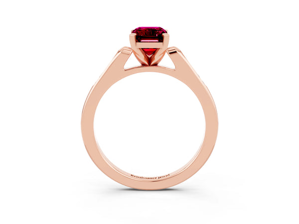 Rose gold Emerald Cut Garnet Solitaire Ring with Channel Set Round  Band and Prong Setting