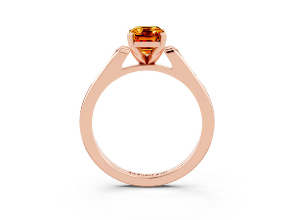 Rose gold Emerald Cut Citrine Solitaire Ring with Channel Set Round  Band and Prong Setting