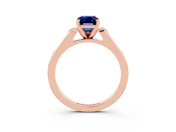 Rose gold Emerald Cut Blue Sapphire Solitaire Ring with Channel Set Round  Band and Prong Setting