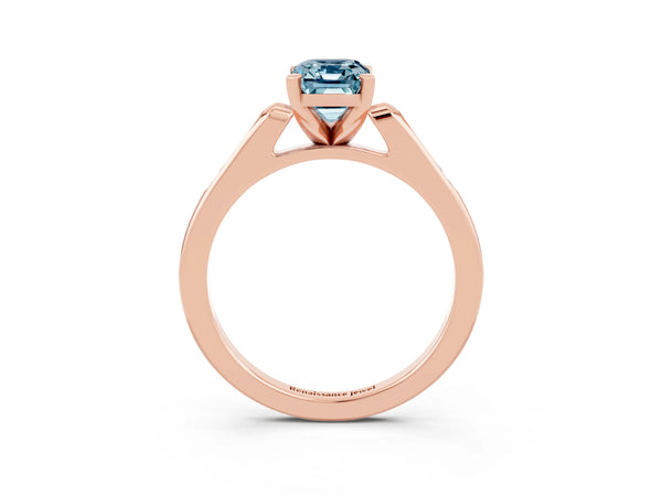 Rose gold Emerald Cut Aquamarine Solitaire Ring with Channel Set Round  Band and Prong Setting