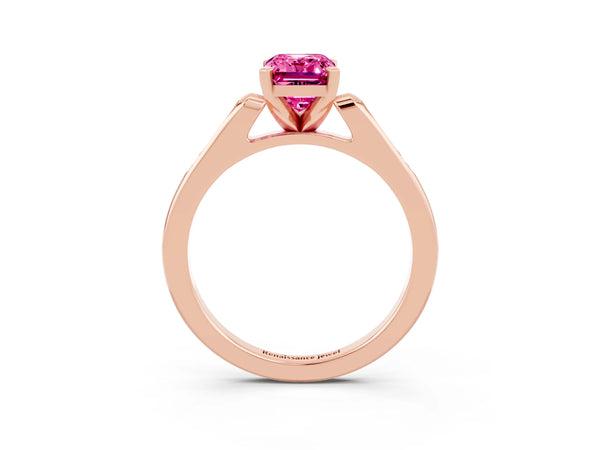 Rose gold Emerald Cut Pink Sapphire Solitaire Ring with Channel Set Round  Band and Prong Setting