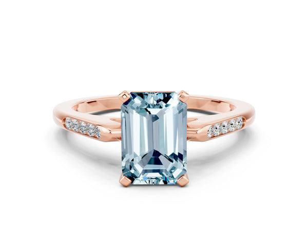 Rose gold Emerald Cut Aquamarine Solitaire Ring with Channel Set Round  Band and Prong Setting