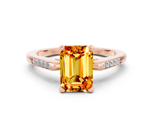 Rose gold Emerald Cut Citrine Solitaire Ring with Channel Set Round  Band and Prong Setting