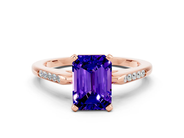 Rose gold Emerald Cut Tanzanite Solitaire Ring with Channel Set Round  Band and Prong Setting