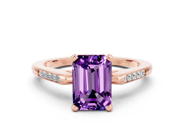 Rose gold Emerald Cut Amethyst Solitaire Ring with Channel Set Round  Band and Prong Setting