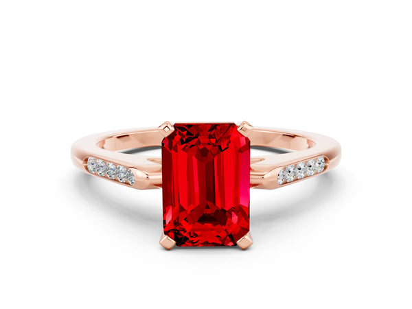 Rose gold Emerald Cut Ruby Solitaire Ring with Channel Set Round  Band and Prong Setting