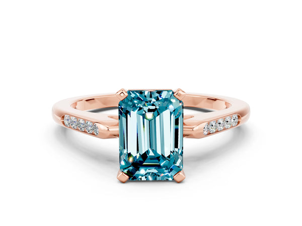 Rose gold Emerald Cut Blue Topaz Solitaire Ring with Channel Set Round  Band and Prong Setting