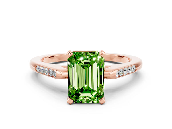 Rose gold Emerald Cut Peridot Solitaire Ring with Channel Set Round  Band and Prong Setting