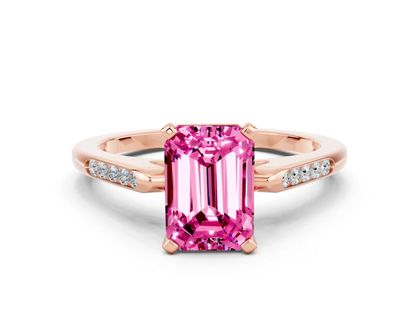 Rose gold Emerald Cut Pink Sapphire Solitaire Ring with Channel Set Round  Band and Prong Setting