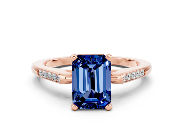 Rose gold Emerald Cut Blue Sapphire Solitaire Ring with Channel Set Round  Band and Prong Setting
