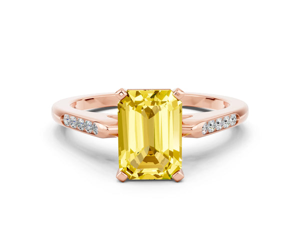 Rose gold Emerald Cut Yellow Sapphire Solitaire Ring with Channel Set Round  Band and Prong Setting