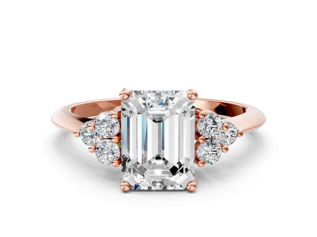 Rose gold Emerald Cut Cut Diamond Cluster Ring with Solitaire Band and Four-Prong Setting_3