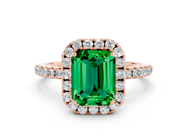 Rose gold Emerald Cut Emerald Halo Engagement Ring with Round Pavé Band and Prong Setting