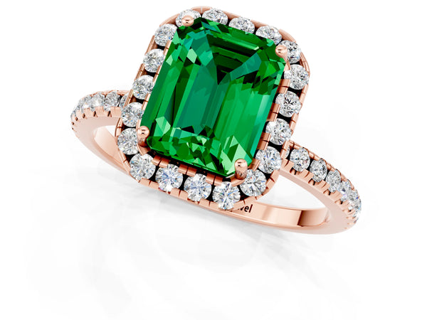 Rose gold Emerald Cut Emerald Halo Engagement Ring with Round Pavé Band and Prong Setting