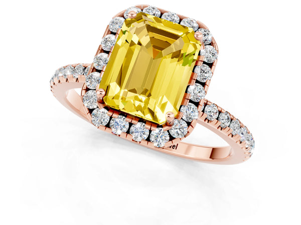 Rose gold Emerald Cut Yellow Sapphire Halo Engagement Ring with Round Pavé Band and Prong Setting