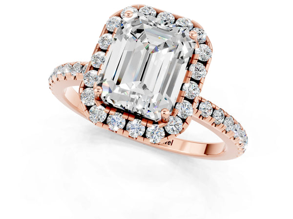 Rose gold Emerald Cut Moissanite Halo Engagement Ring with Round Pavé Band and Prong Setting