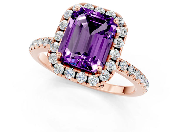 Rose gold Emerald Cut Amethyst Halo Engagement Ring with Round Pavé Band and Prong Setting