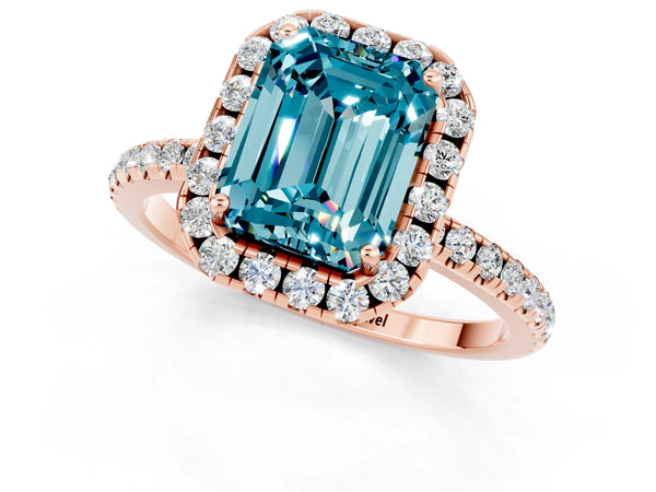 Rose gold Emerald Cut Cut Diamond Floral Halo Engagement Ring with Pavé Band and Prong Setting