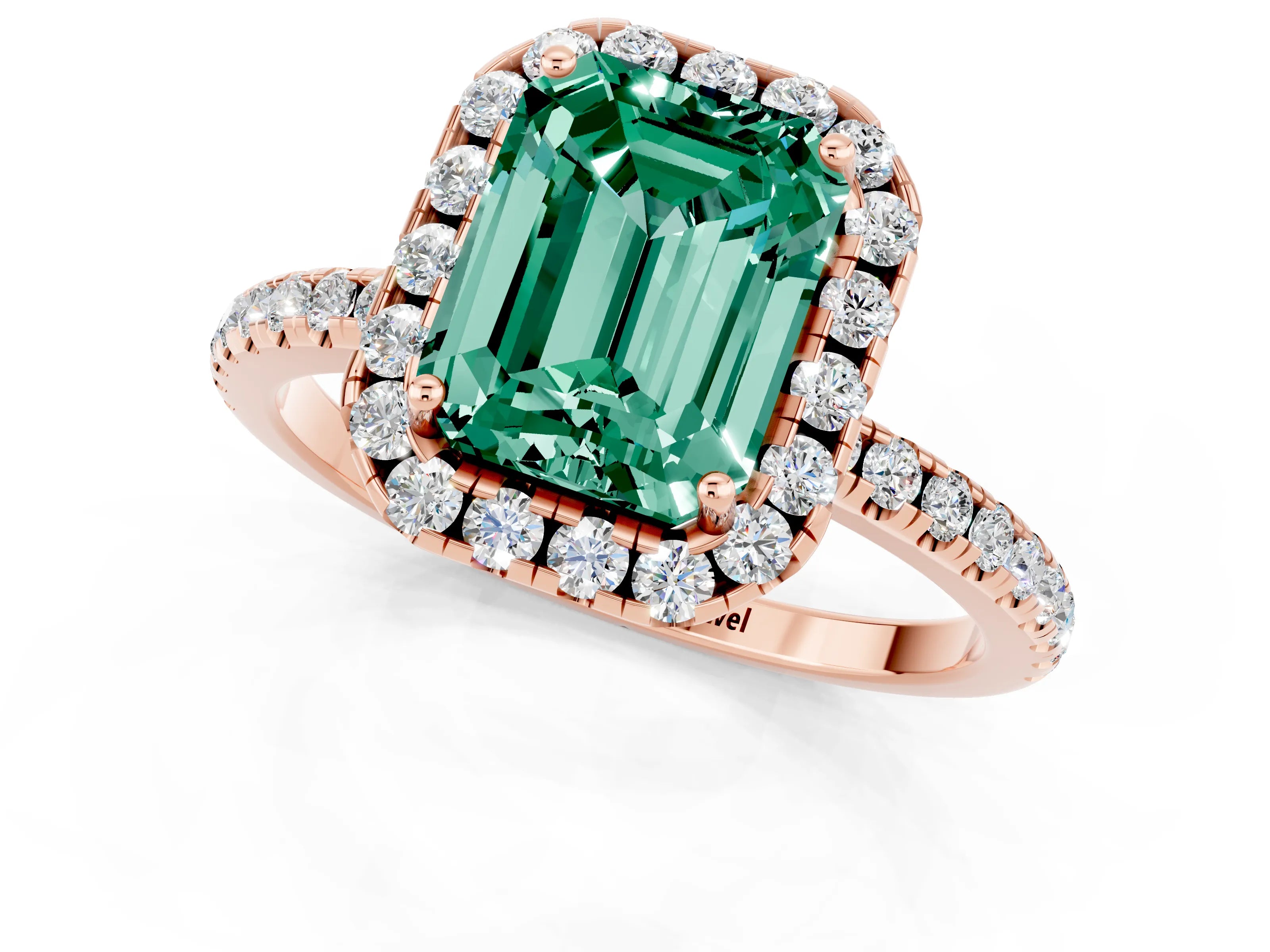 Rose gold Emerald Cut Cut Diamond Floral Halo Engagement Ring with Pavé Band and Prong Setting_1