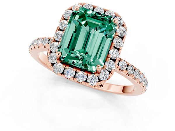 Rose gold Emerald Cut Green Sapphire Halo Engagement Ring with Round Pavé Band and Prong Setting