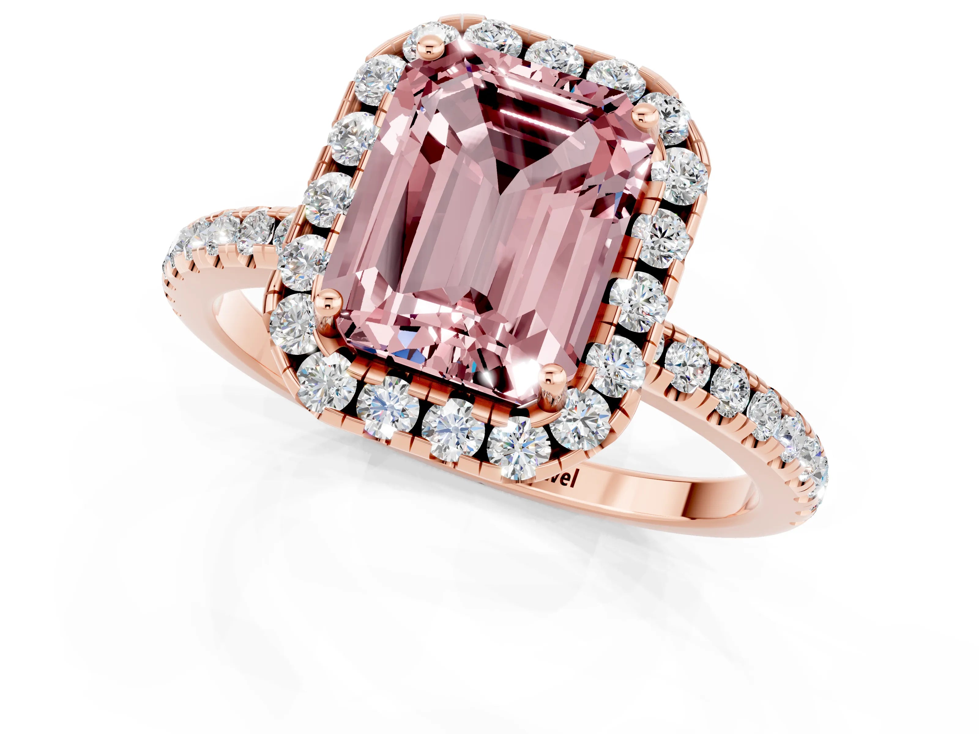 Rose gold Emerald Cut Cut Diamond Floral Halo Engagement Ring with Pavé Band and Prong Setting_1