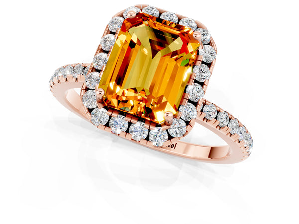 Rose gold Emerald Cut Citrine Halo Engagement Ring with Round Pavé Band and Prong Setting