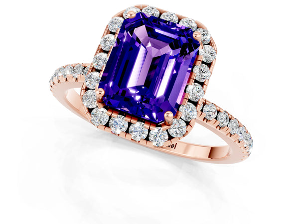 Rose gold Emerald Cut Tanzanite Halo Engagement Ring with Round Pavé Band and Prong Setting
