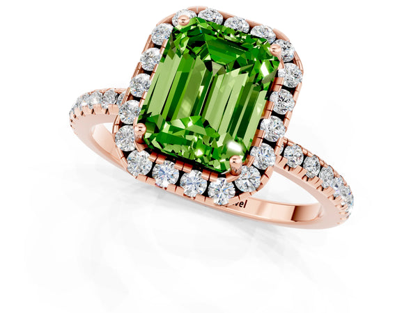 Rose gold Emerald Cut Cut Diamond Floral Halo Engagement Ring with Pavé Band and Prong Setting