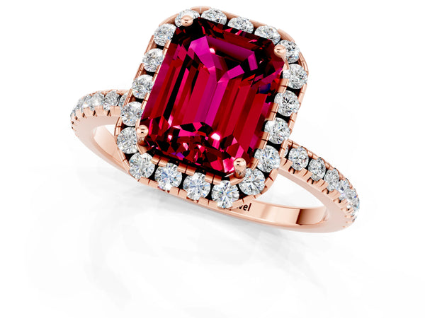 Rose gold Emerald Cut Garnet Halo Engagement Ring with Round Pavé Band and Prong Setting