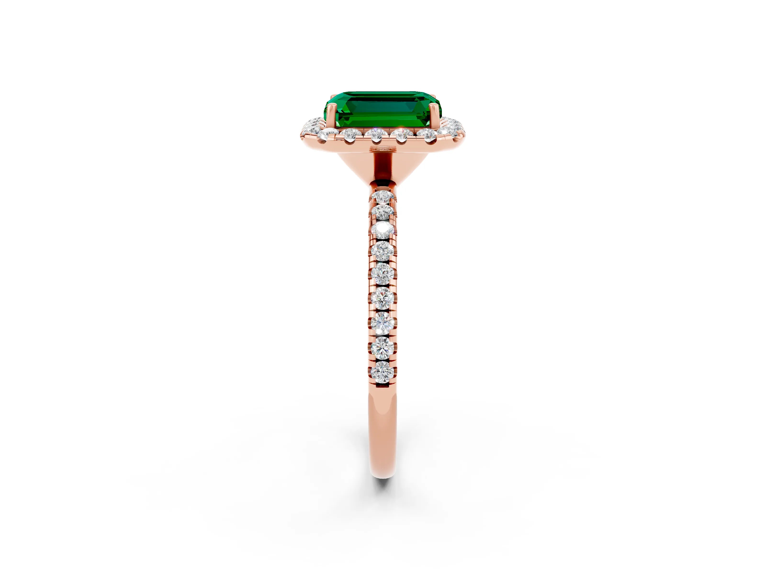 Rose gold Emerald Cut Cut Diamond Floral Halo Engagement Ring with Pavé Band and Prong Setting_2