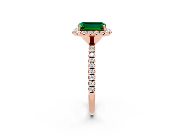 Rose gold Emerald Cut Emerald Halo Engagement Ring with Round Pavé Band and Prong Setting