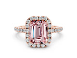 Rose gold Emerald Cut Cut Diamond Floral Halo Engagement Ring with Pavé Band and Prong Setting