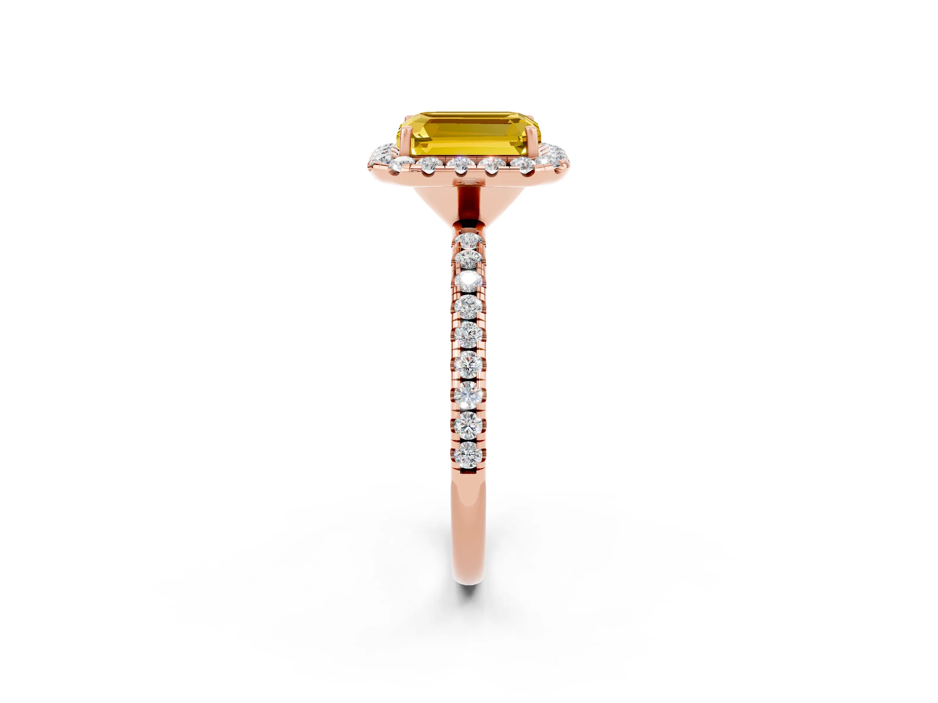 Rose gold Emerald Cut Cut Diamond Floral Halo Engagement Ring with Pavé Band and Prong Setting_2