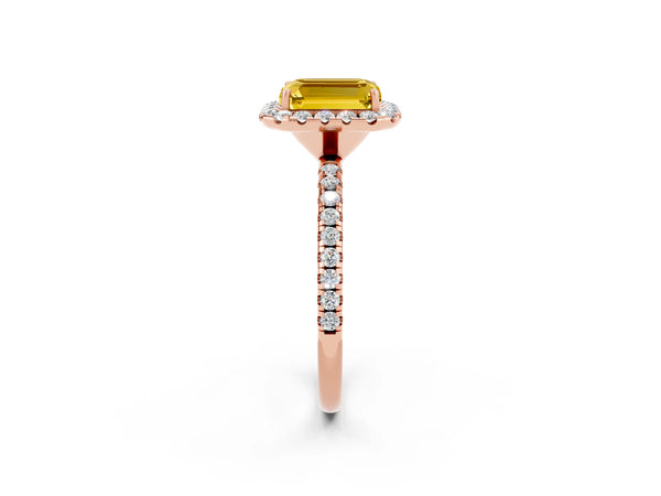 Rose gold Emerald Cut Yellow Sapphire Halo Engagement Ring with Round Pavé Band and Prong Setting
