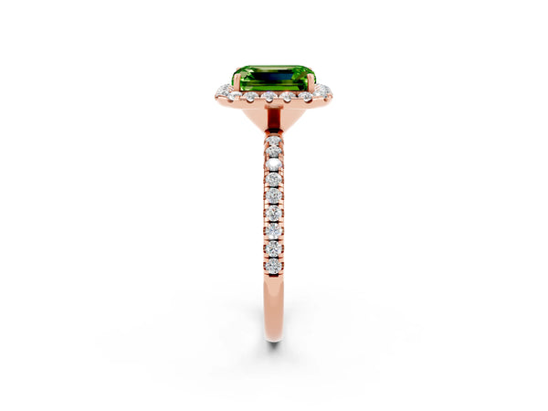Rose gold Emerald Cut Cut Diamond Floral Halo Engagement Ring with Pavé Band and Prong Setting