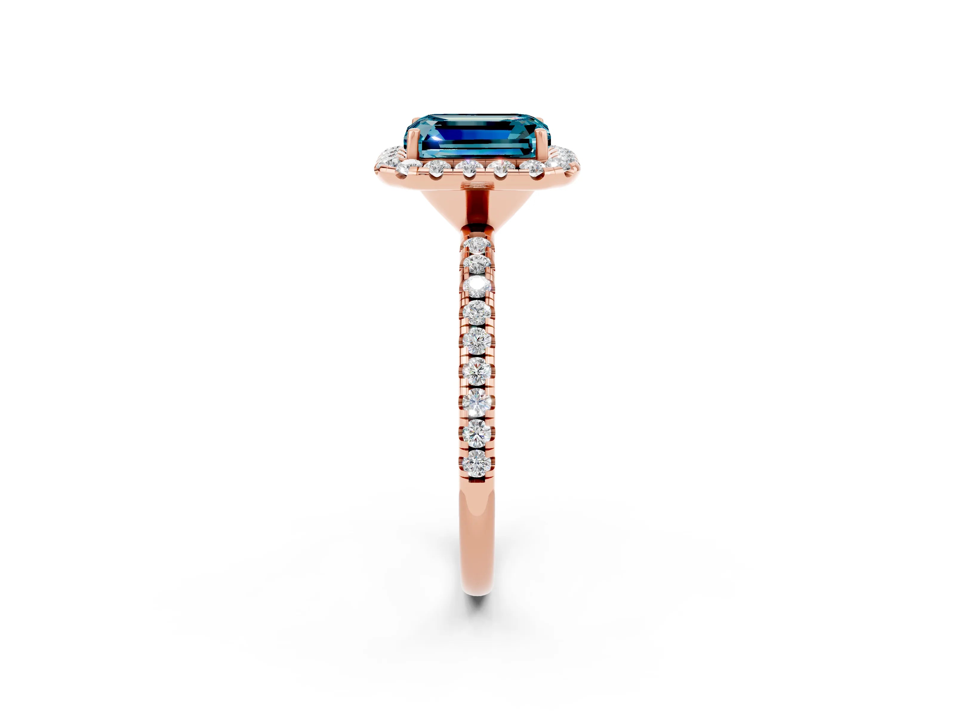 Rose gold Emerald Cut Cut Diamond Floral Halo Engagement Ring with Pavé Band and Prong Setting_2