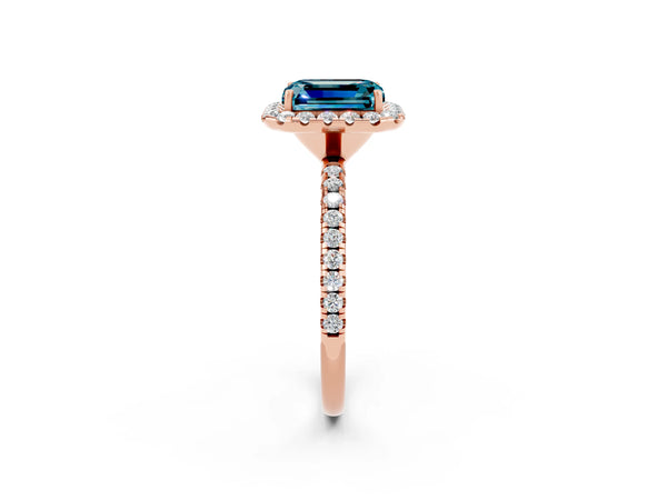 Rose gold Emerald Cut Cut Diamond Floral Halo Engagement Ring with Pavé Band and Prong Setting
