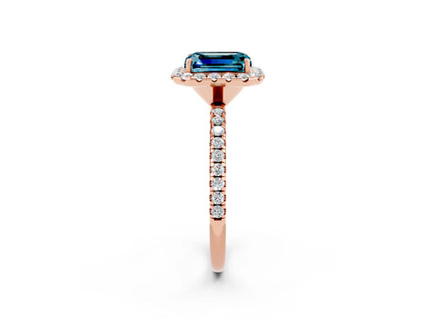 Rose gold Emerald Cut Cut Diamond Floral Halo Engagement Ring with Pavé Band and Prong Setting_2