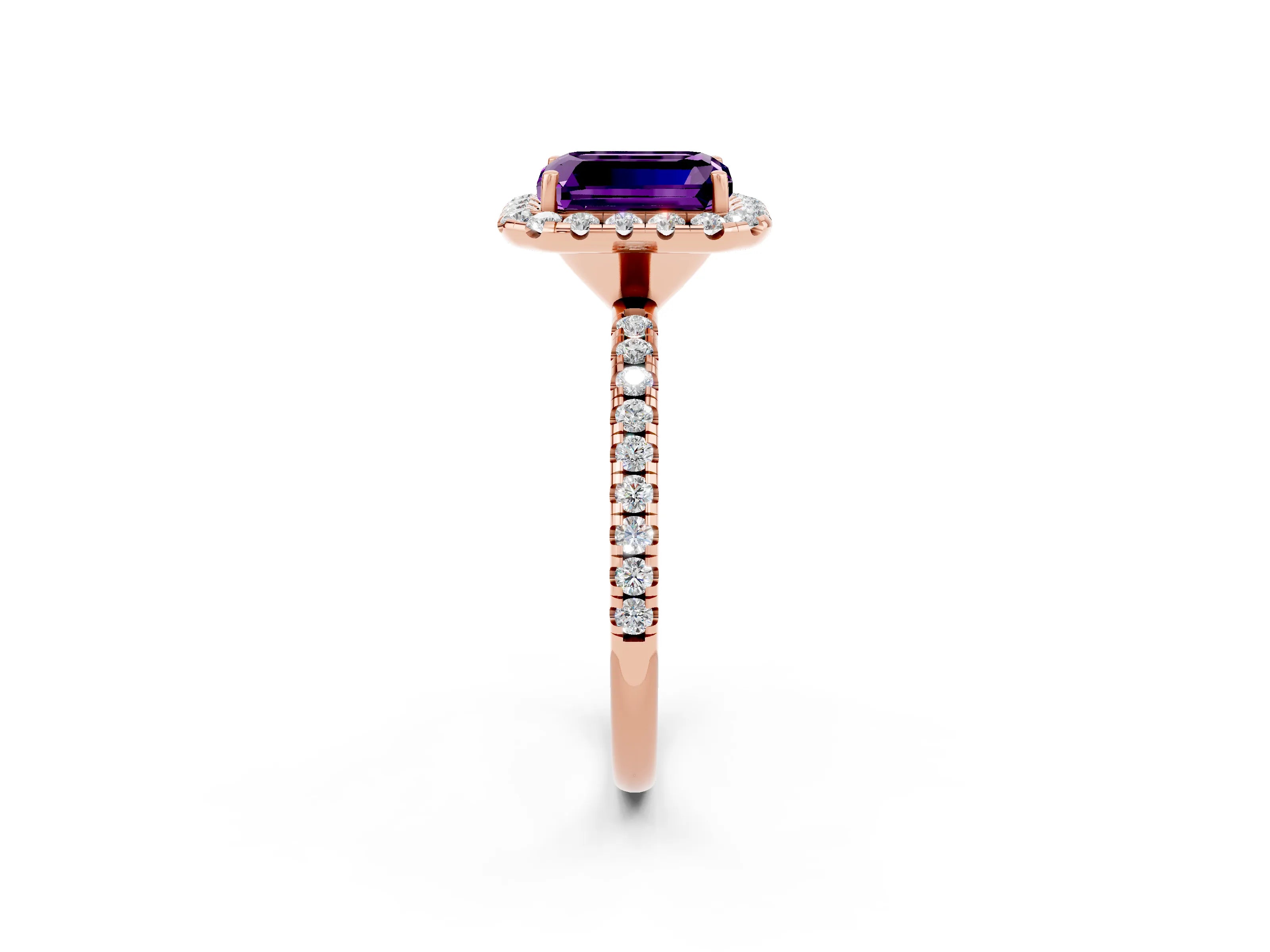Rose gold Emerald Cut Cut Diamond Floral Halo Engagement Ring with Pavé Band and Prong Setting_2