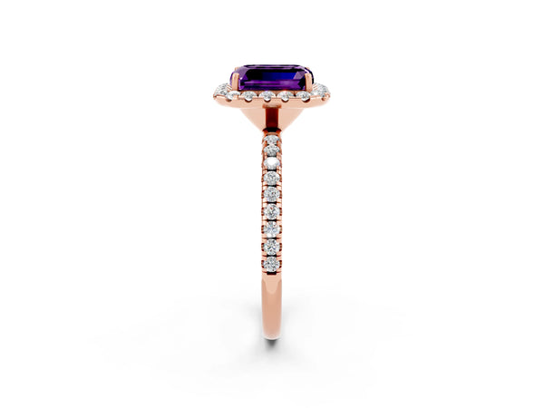 Rose gold Emerald Cut Amethyst Halo Engagement Ring with Round Pavé Band and Prong Setting