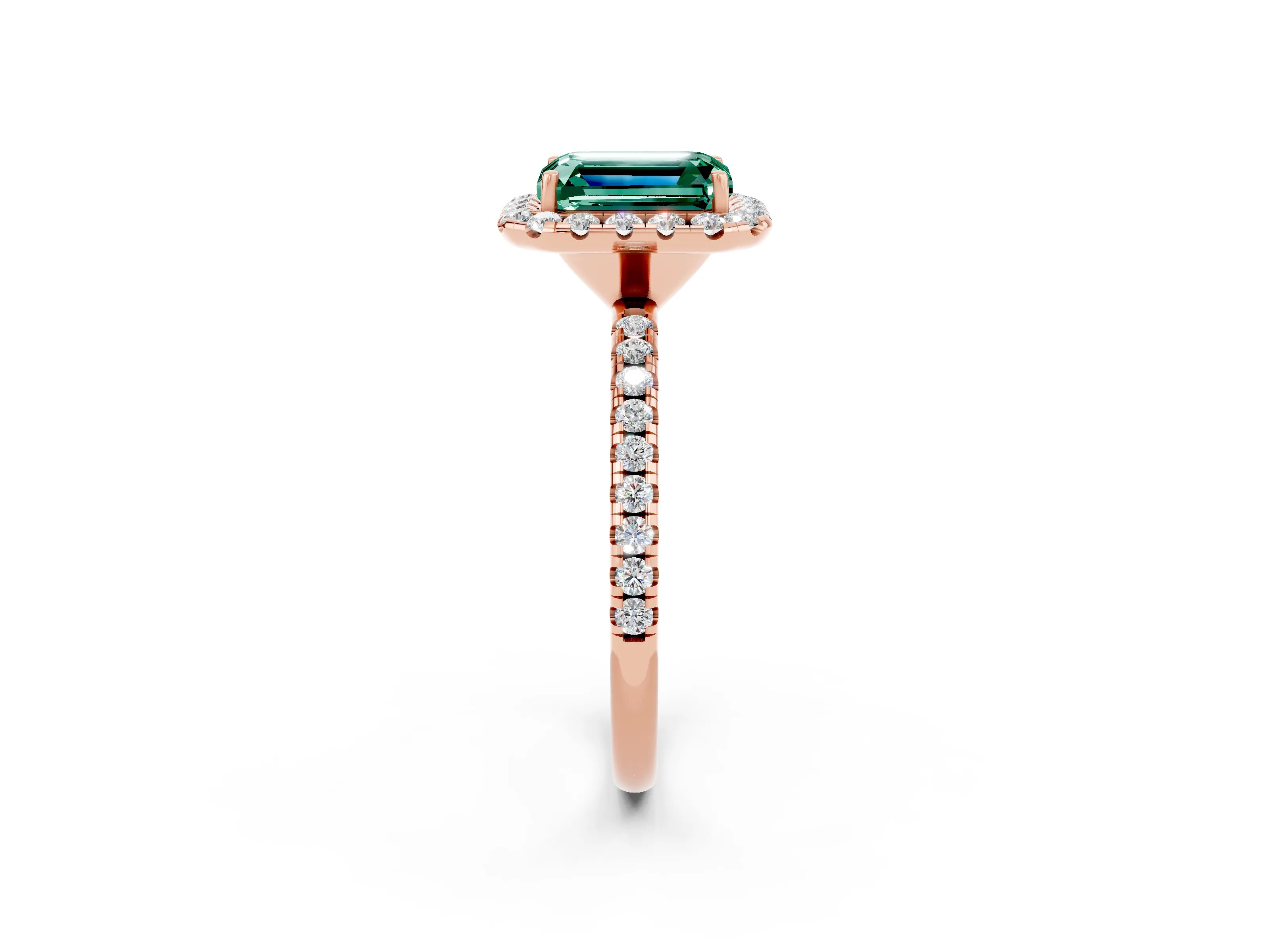 Rose gold Emerald Cut Cut Diamond Floral Halo Engagement Ring with Pavé Band and Prong Setting_2