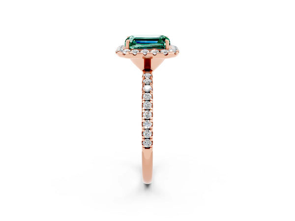 Rose gold Emerald Cut Green Sapphire Halo Engagement Ring with Round Pavé Band and Prong Setting