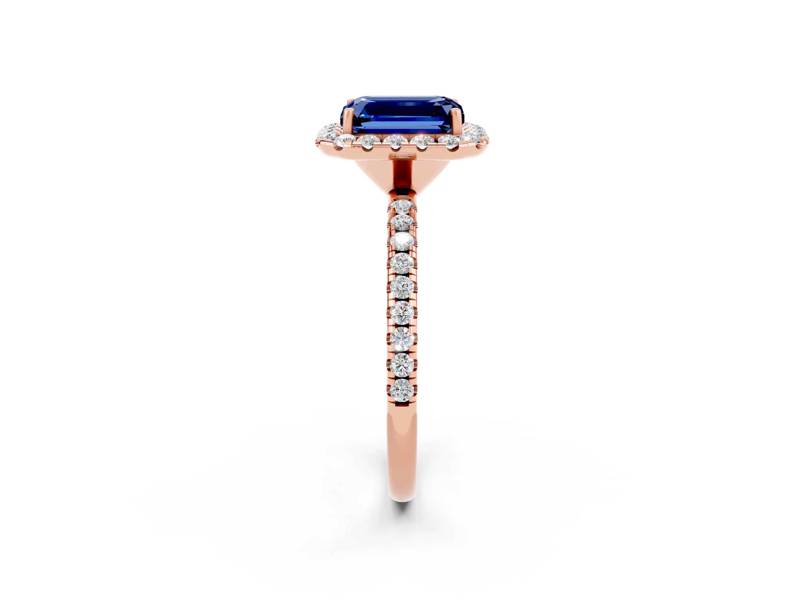 Rose gold Emerald Cut Cut Diamond Floral Halo Engagement Ring with Pavé Band and Prong Setting_2