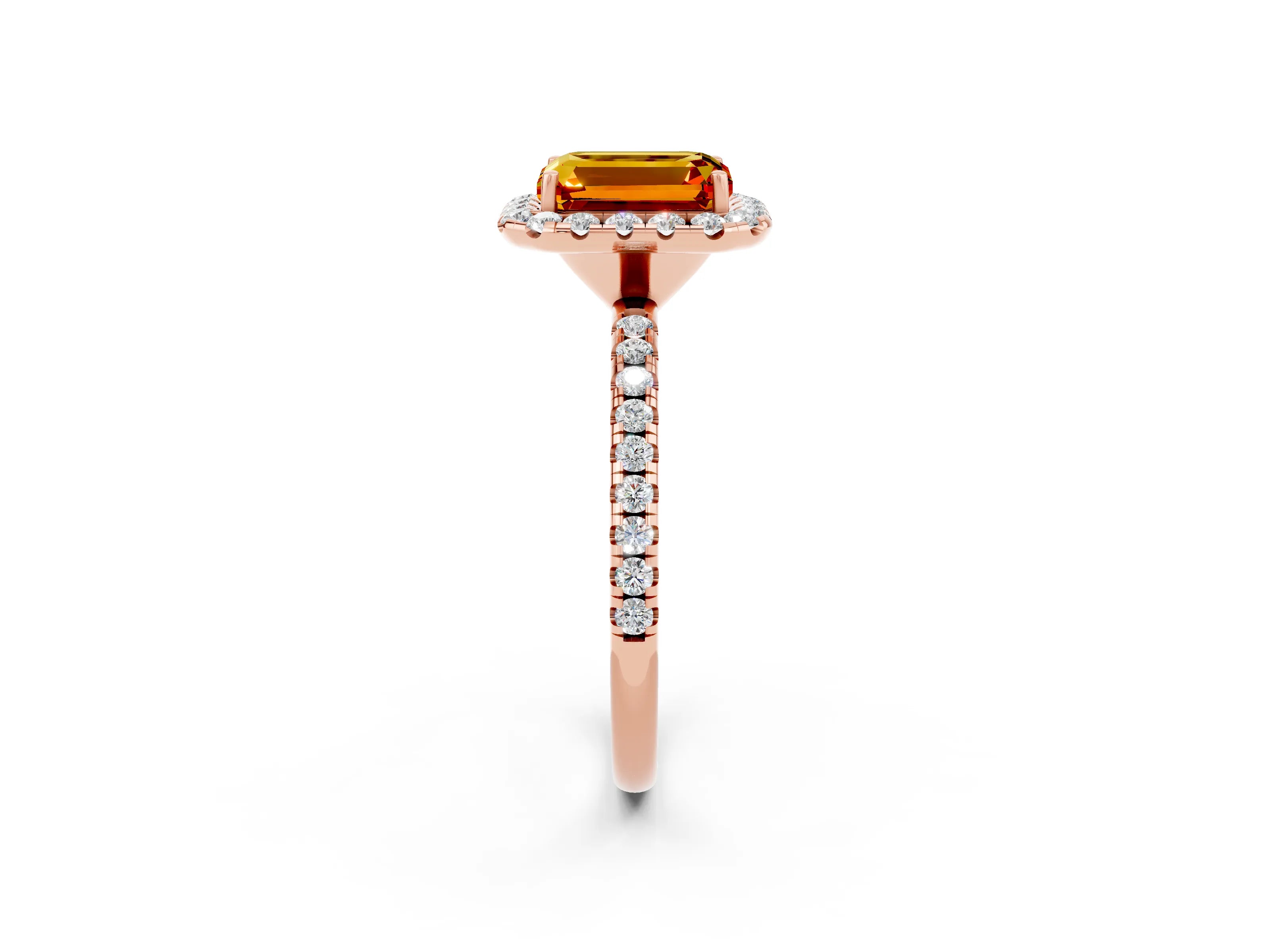 Rose gold Emerald Cut Cut Diamond Floral Halo Engagement Ring with Pavé Band and Prong Setting_2
