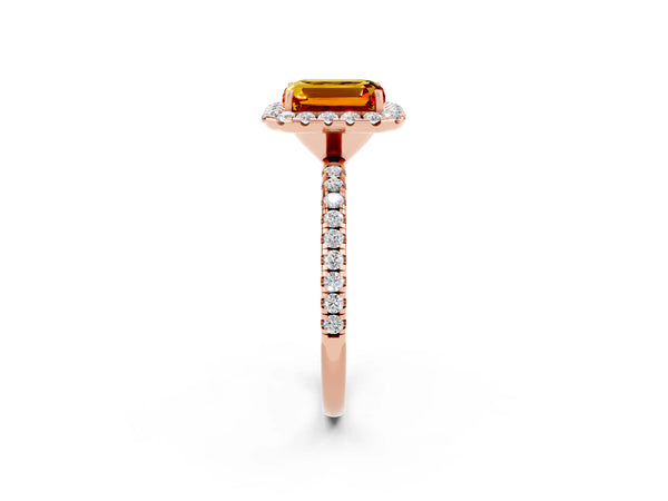 Rose gold Emerald Cut Citrine Halo Engagement Ring with Round Pavé Band and Prong Setting