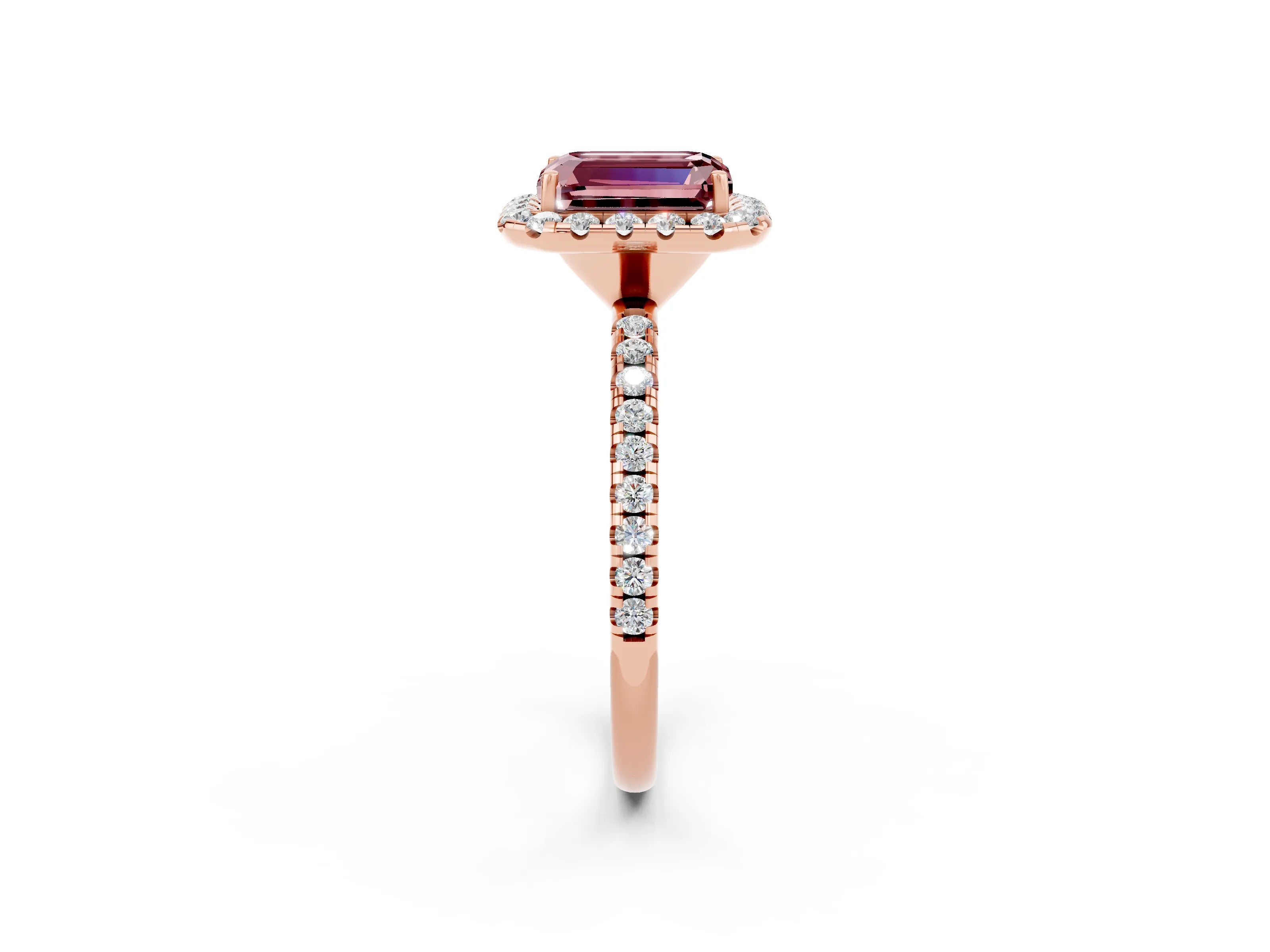 Rose gold Emerald Cut Cut Diamond Floral Halo Engagement Ring with Pavé Band and Prong Setting_2