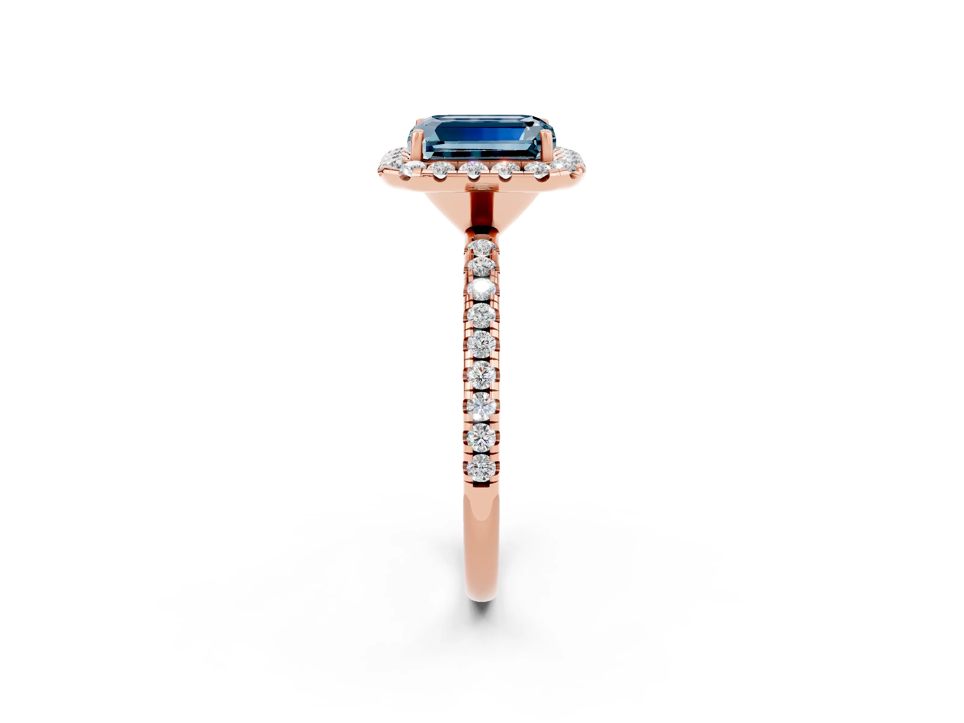 Rose gold Emerald Cut Cut Diamond Floral Halo Engagement Ring with Pavé Band and Prong Setting_2