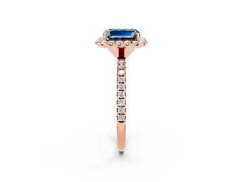 Rose gold Emerald Cut Cut Diamond Floral Halo Engagement Ring with Pavé Band and Prong Setting_2