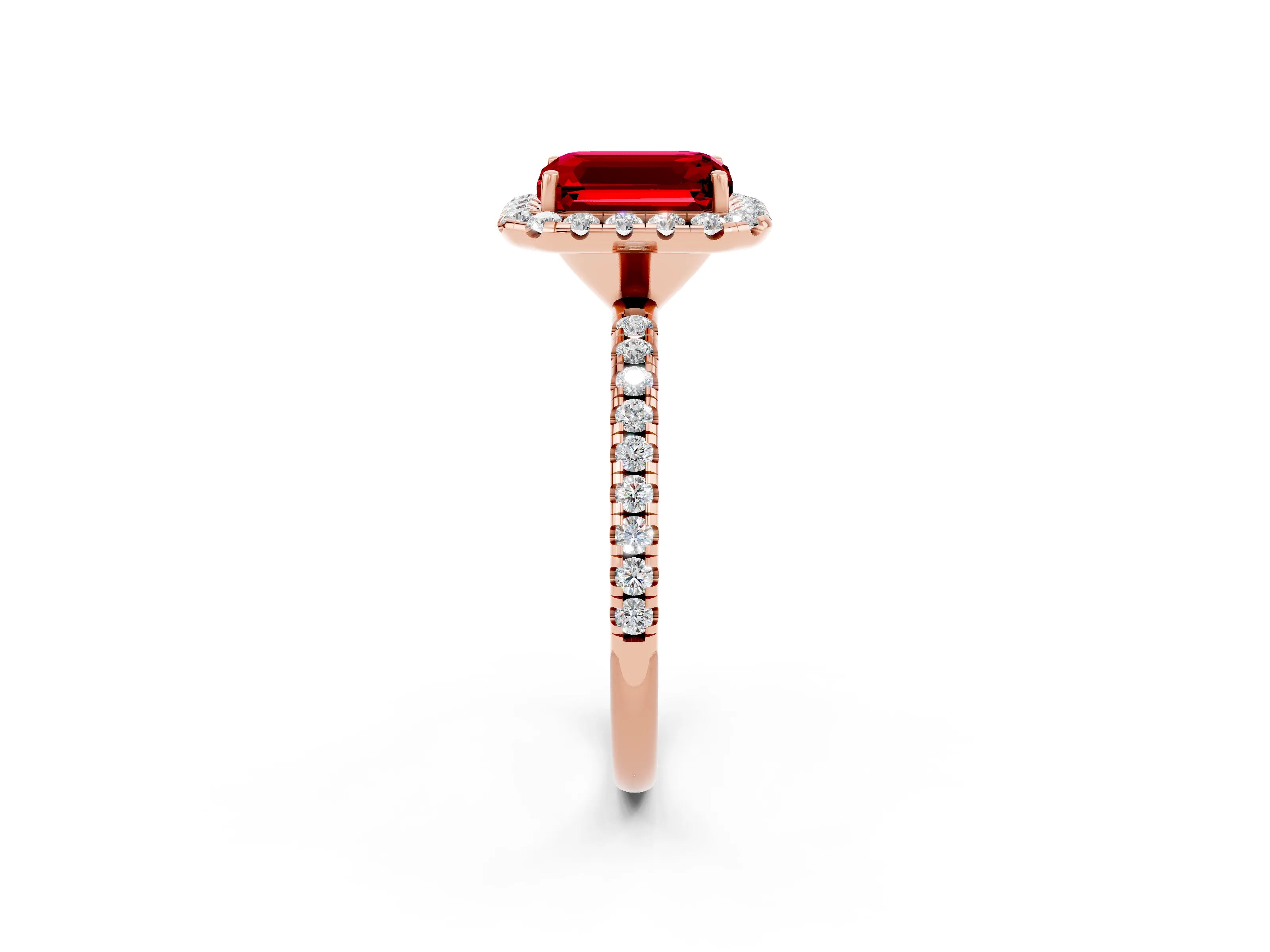 Rose gold Emerald Cut Cut Diamond Floral Halo Engagement Ring with Pavé Band and Prong Setting_2