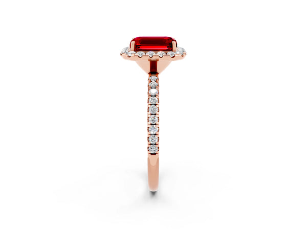 Rose gold Emerald Cut Cut Diamond Floral Halo Engagement Ring with Pavé Band and Prong Setting
